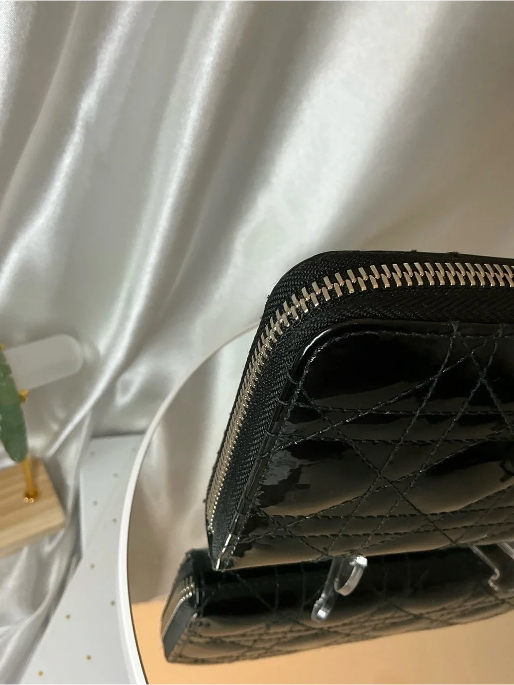 Dior Black Patent Quilted Zip-Around Wallet